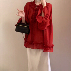 批发法式高级感娃娃衫红色衬衫洋气衣服女夏季防晒薄外套宽松休闲衬衣