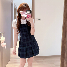 批发韩系复古学院风格子百褶短裙夏季<b class='q'>泡泡袖</b>衬衫上衣格纹<b class='q'>连衣裙</b>子套装