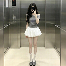 批发纯欲甜美风穿搭一整套<b class='q'>连衣裙</b>夏季针织斜肩上衣蓬蓬花苞裙子套装女
