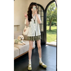批发夏日巨好看穿搭衬衫绿色<b class='q'>碎花</b>裤裙套装2026新款独特ins绝美两件套