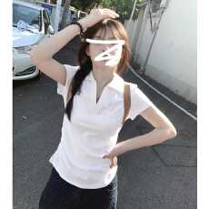 批发韩系气质V领正肩POLO衫短袖t恤女夏季修身显瘦翻领<b class='q'>运动</b>网球服上衣