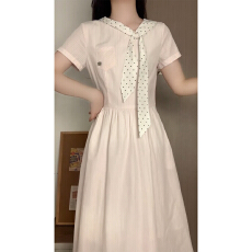 批发韩系甜美温柔少女感<b class='q'>连衣裙</b>子夏季洋气爆款学院风<b class='q'>波点</b>飘带收腰长裙