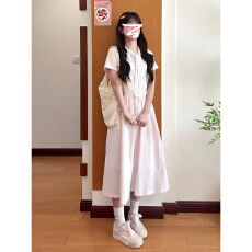 批发韩系甜美温柔少女感<b class='q'>连衣裙</b>子夏季洋气爆款学院风<b class='q'>波点</b>飘带收腰长裙