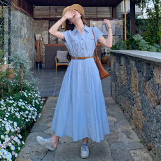 批发韩系高级感大方得体<b class='q'>连衣裙</b>夏季明媚通勤POLO领排扣收腰衬衫裙长裙