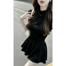 批发独特漂亮高级感掐腰a字小黑裙女夏季短袖收腰显瘦<b class='q'>连衣裙</b>子短裙