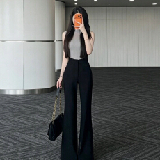 批发韩系休闲时尚穿搭一整套夏季高领<b class='q'>轻熟</b>纯欲风高领上衣阔腿裤子套装