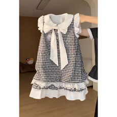 批发甜美少女学院风格纹漂亮出片<b class='q'>连衣裙</b>夏季绝美<b class='q'>娃娃</b>领蝴蝶结设计短裙