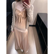 批发韩系清冷感出片漂亮连衣裙子早秋季新款穿搭绝美开衫<b class='q'>背心</b>裙子套装