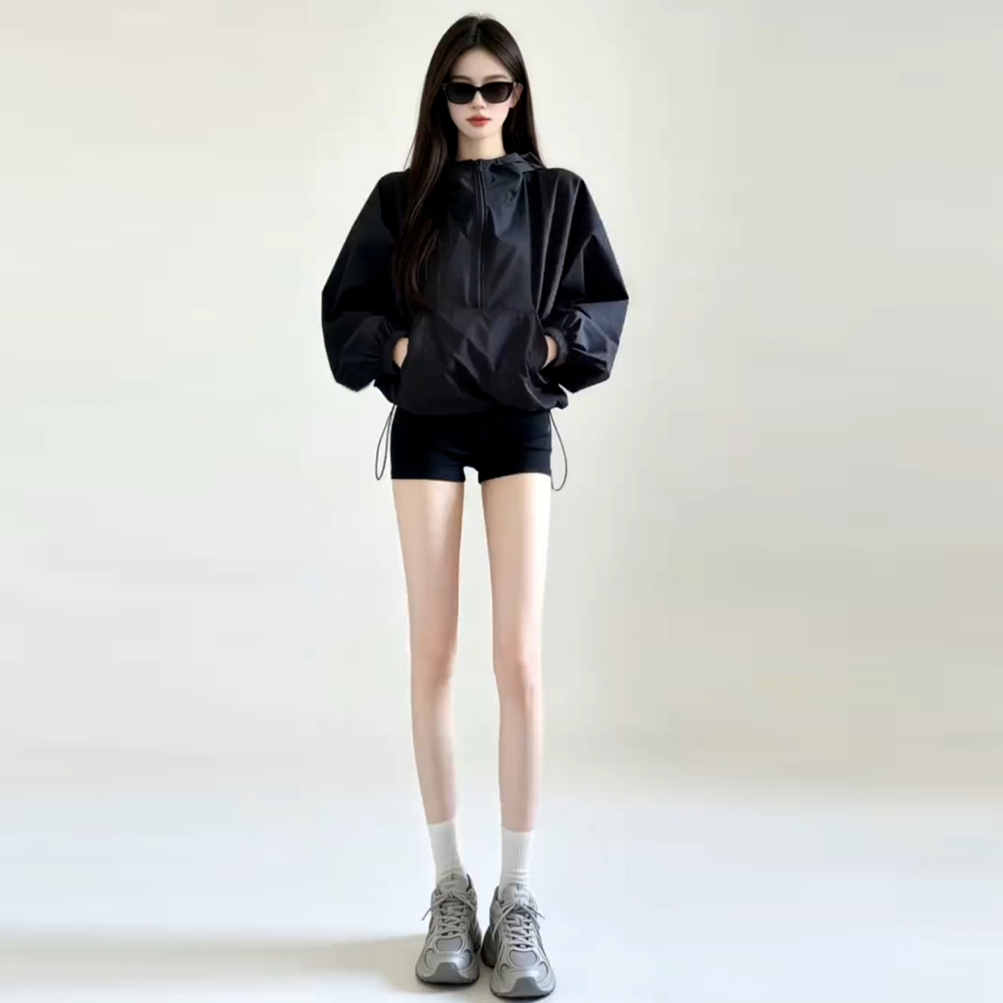 韩系高级感黑色连帽薄外套女早秋季新款今年流行爆款夹克上衣 服裝批發女裝批發服飾貨源
