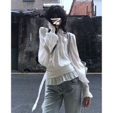 批发法式气质慵懒风褶皱设计感<b class='q'>白色</b><b class='q'>衬衫</b>女温柔收腰减龄灯笼长袖小<b class='q'>衬衣</b>
