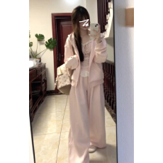 批发<b class='q'>韩</b>系甜美少女<b class='q'>风</b>粉色连帽卫衣波点吊带阔腿裤早秋套装女款2026新款