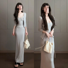 批发法式名媛风温柔漂亮出片连衣裙早秋季新款开衫蕾丝<b class='q'>背心</b><b class='q'>长裙</b>套装女