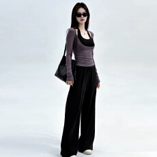 批发早秋纯欲风撞色假两件长袖<b class='q'>T</b><b class='q'>恤</b>女<b class='q'>装</b>高腰垂感宽松显瘦阔腿<b class='q'>裤</b><b class='q'>两件套</b>