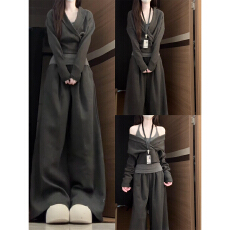 批发韩系高级感灰色长袖卫衣套装女早<b class='q'>秋</b>季慵懒风休闲运动阔腿裤两件套