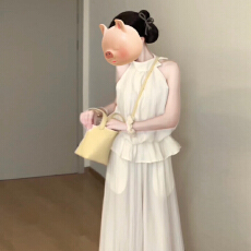 批发法式挂脖无袖连衣裙子女2025新款夏季气质高级感大方得体裙裤套装