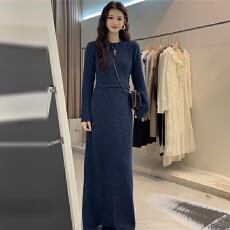 批发蓝色针织毛衣套装<b class='q'>连衣裙</b>子女秋冬季2025新款小香慵懒风高级感长裙