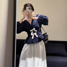 批发蝴蝶结衬衫套装连衣裙子女2025新款早秋季韩系氛围感穿搭白色长裙