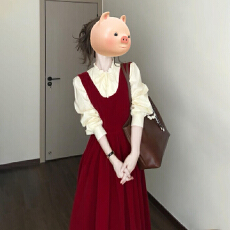批发红色气质长袖连衣裙子长裙女<b class='q'>春</b>秋2025新款衬衫背心裙一套入秋穿搭
