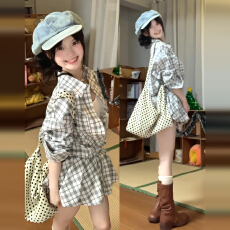 批发法式辣妹格子衬衫<b class='q'>花苞</b><b class='q'>连衣裙</b>子女2025新款早秋季长袖收腰绑带短裙