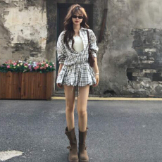 批发法式辣妹格子衬衫<b class='q'>花苞</b><b class='q'>连衣裙</b>子女2025新款早秋季长袖收腰绑带短裙