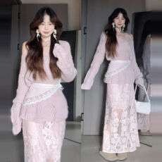 批发2025新款法式粉色斜肩针织连衣裙子女秋冬季<b class='q'>蕾丝</b>拼接半身长裙套装