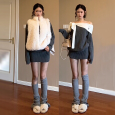 批发法式灰色一字肩针织连衣裙子女秋冬季2025<b class='q'>新款</b>巨好看气质包臀<b class='q'>短裙</b>