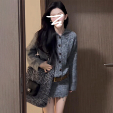 批发灰色翻领毛衣针织连衣裙子女秋冬2025<b class='q'>新款</b>小个子性感修身包臀<b class='q'>短裙</b>