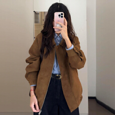 批发美式复古棕色夹克<b class='q'>外套女</b>秋冬2025新款早秋韩系穿搭小个子<b class='q'>短</b>款上衣