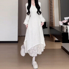 批发法式白色针织连衣裙子女装秋<b class='q'>冬</b>季2025新款内搭打底<b class='q'>冬</b>天配大衣长裙