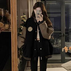 批发美式复古休闲黑色夹克<b class='q'>棒球</b><b class='q'>服外套</b>女秋冬季2025新爆款oversize上衣