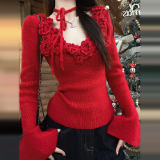 批发圣诞红色毛衣女秋冬2025新款高级感内搭打底衫设计感小众针织上衣