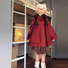 批发复古红色斗篷毛呢外套女秋<b class='q'>冬</b>2025新款韩系高级感宽松短款呢子大衣