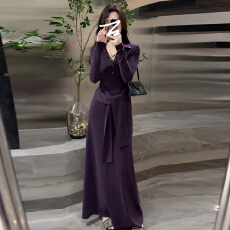 批发法式高级感紫色长袖<b class='q'>连衣裙</b>子女秋季爆款独特漂亮收腰显瘦气质长裙