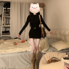 批发性感辣妹黑色长袖连衣裙子女2025秋冬季新款<b class='q'>修身</b>内搭打底包臀短裙