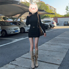 批发性感辣妹黑色长袖连衣裙子女2025秋冬季新款<b class='q'>修身</b>内搭打底包臀短裙