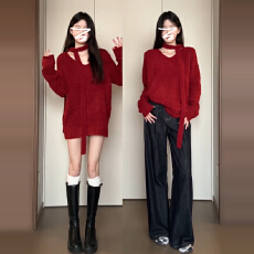 新年红色毛衣女秋冬季2025新款爆款宽松慵懒风中长款加厚针织上衣