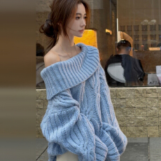 批发软糯一字肩红色圣诞毛衣女秋冬季慵懒高级感2025新款松弛感毛线衣