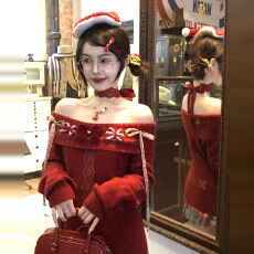 批发圣诞新年白色蝴蝶结一字肩毛衣女秋冬2025新款高级感甜美纯欲上衣