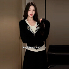 批发韩系复古紫色v领针织开衫秋冬2025新款内搭背心翻领叠穿上衣套装