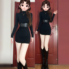 批发法式<b class='q'>黑色</b>高领打底内搭连衣裙子女2025秋冬季气质显瘦收腰包臀短裙