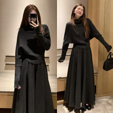 批发韩系气质灰色高领毛衣连衣裙子女2025新款秋冬季内搭针织<b class='q'>长裙</b>套装