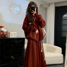批发2025巨好看红色针织<b class='q'>连衣裙</b>套装女秋冬新款圣诞穿搭一整套绝美长裙