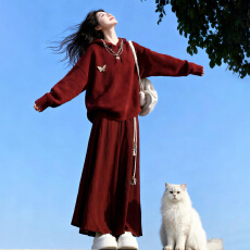 批发2025巨好看红色针织<b class='q'>连衣裙</b>套装女秋冬新款圣诞穿搭一整套绝美长裙