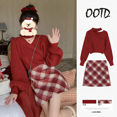 批发新年过年战袍2025年新款红色毛衣套装<b class='q'>连衣裙</b>子女秋冬装搭配一整套