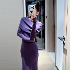 批发法式紫色一字肩针织连衣裙子女2025新款秋冬气质修身内搭包臀长裙