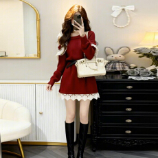 批发圣诞新年战袍红色针织连衣裙子女装秋冬2025新款超好看毛衣包臀裙