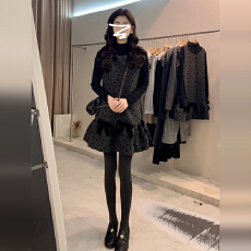 批发黑色<b class='q'>波点</b>针织<b class='q'>连衣裙</b>子女秋冬季2025新款小个子香风背心蓬蓬裙套装