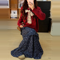 批发新年过年战袍红色毛衣<b class='q'>连衣裙</b>子女秋冬2025新款氛围感穿搭一整套装