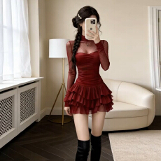 批发法式黑色<b class='q'>网纱</b><b class='q'>连衣裙</b>女冬季2026新款高级感长袖收腰气质蛋糕短裙