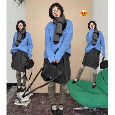 批发韩系蓝色针织毛衣套装连衣裙子女2025新款秋冬气质宽松一整套穿搭